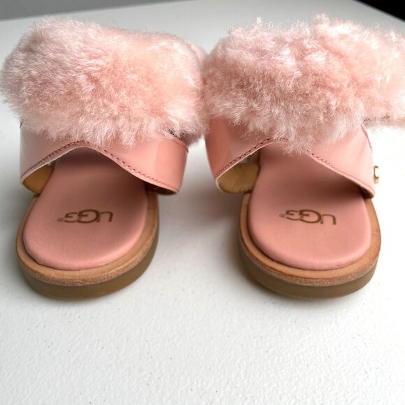 UGG Fluff Springs Genuine Shearling Sandal Sz 6 Ankle Strap Pastel Pink Coquette - Picture 6 of 8